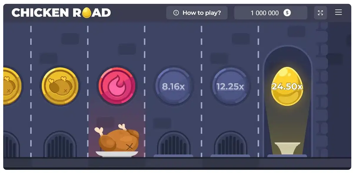 Screenshot of Chicken Road gameplay showing late-stage lanes with high multipliers (8.16x and 12.25x) and a glowing golden egg worth 24.50x on the far right, alongside a red fire hazard icon above a cooked chicken, with the “How to play?” button and balance display at the top.